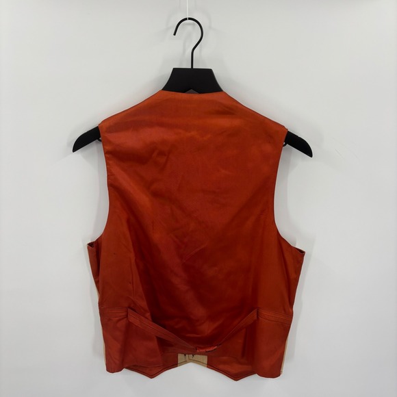 Mens Tan Linen Blend Button Down V Neck Sleeveless Vest 34R Orange Satin Back - Picture 2 of 16